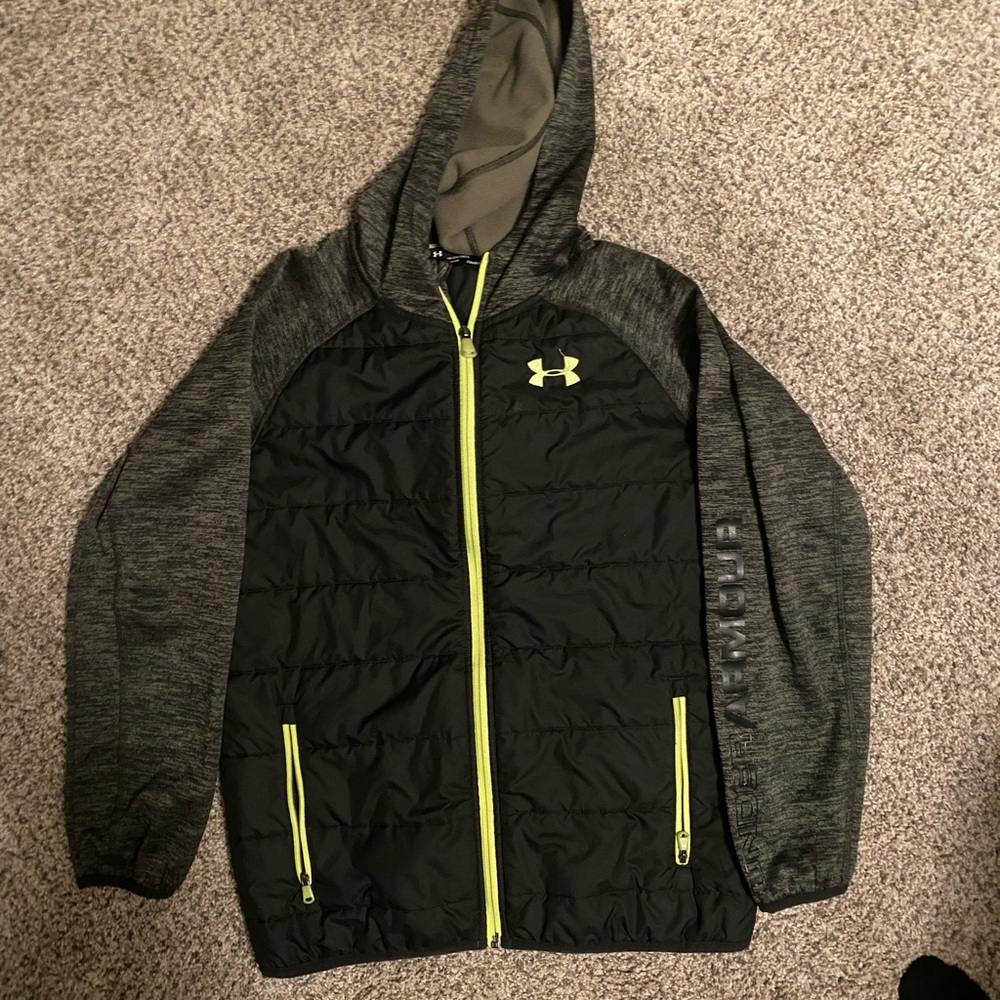 Under Armour Black & Gray Hooded Jacket with Neon Yellow Accents YLG